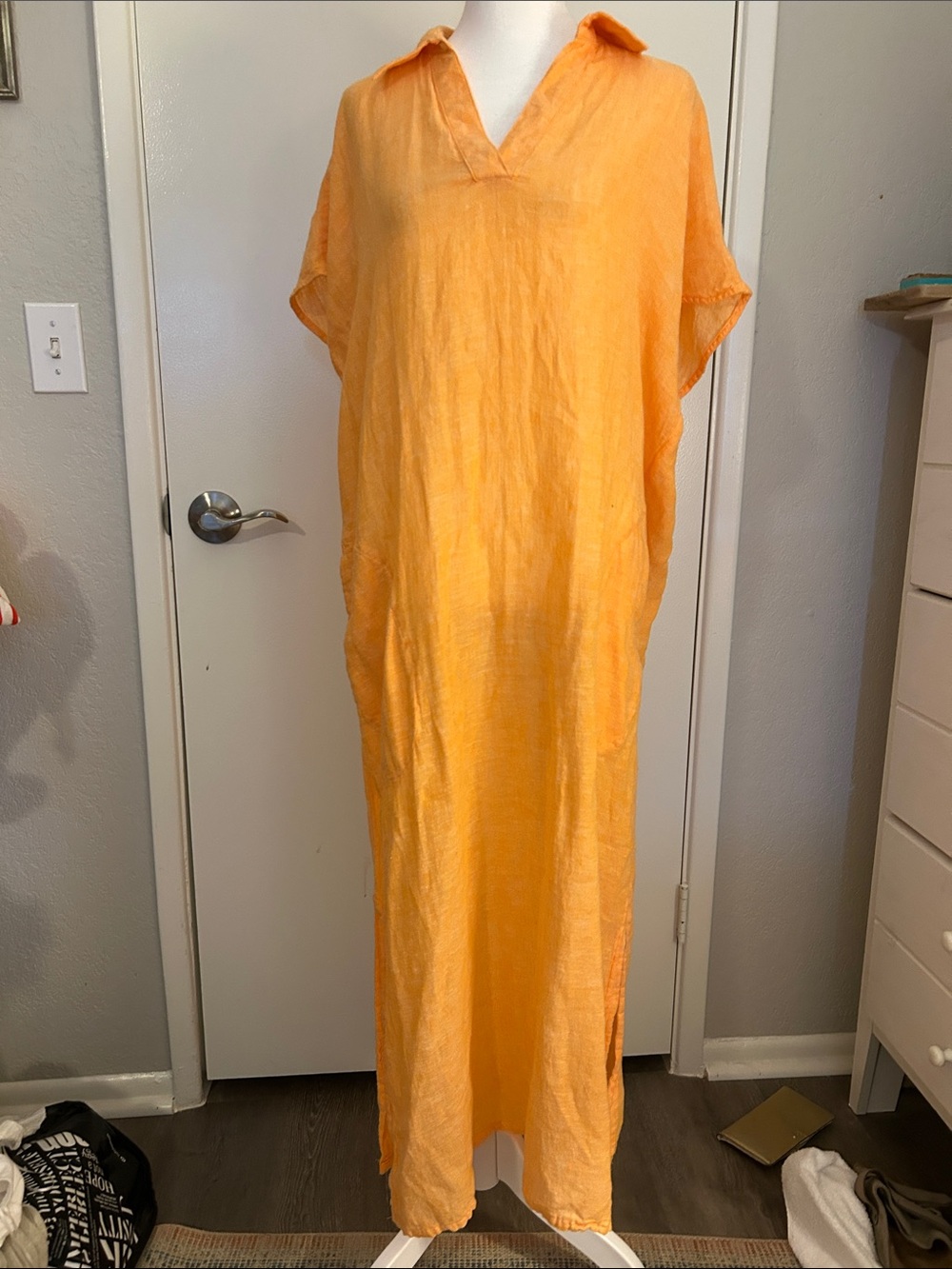 Tahari Women's Long Linen Caftan Dress in Tangerine Orange